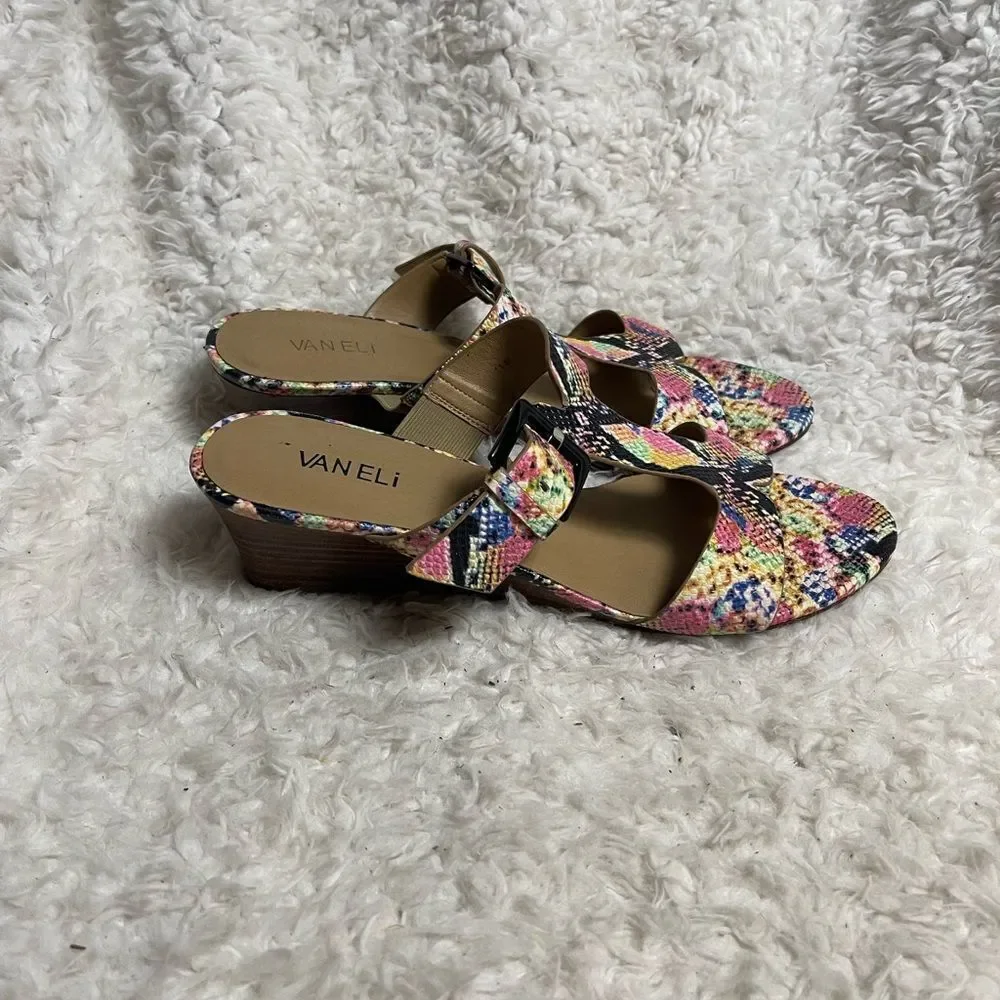 Vaneli Colorful Synthetic Snake Print wedge Sandals adjustable side buckle SZ11M